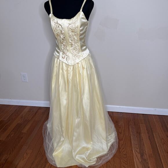 GUNNE SAX VTG 80s Jessica McClintock Corset Gown Embroider Yellow Dress 5/6 - Picture 1 of 10